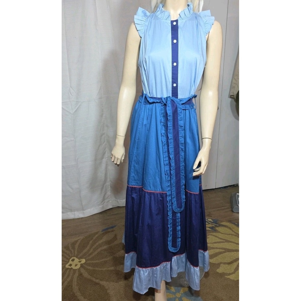 Sal‎ Rosa Womens Boho Hand Color Blocked Blue Tiered Maxi Dress Size M  Cotton